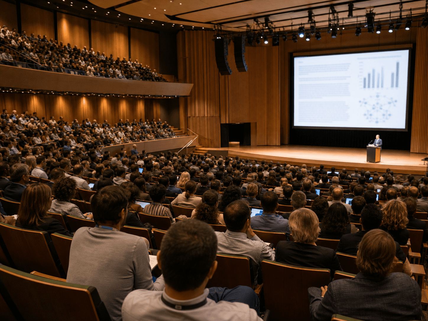 A large international education research conference in a professional tiered auditorium